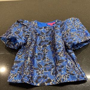 Lilly Pulitzer Floral Puff Sleeves Grotto Blue/Gold Top XS